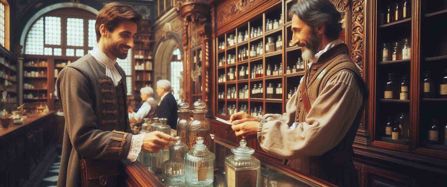 Ein Mann wird in einer historischen Apotheke bedient