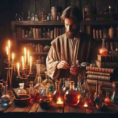 Ein mittelalterlicher Apotheker bereitet einen Trank