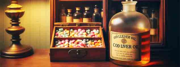 Lebertran-Flasche und bunte Pillen